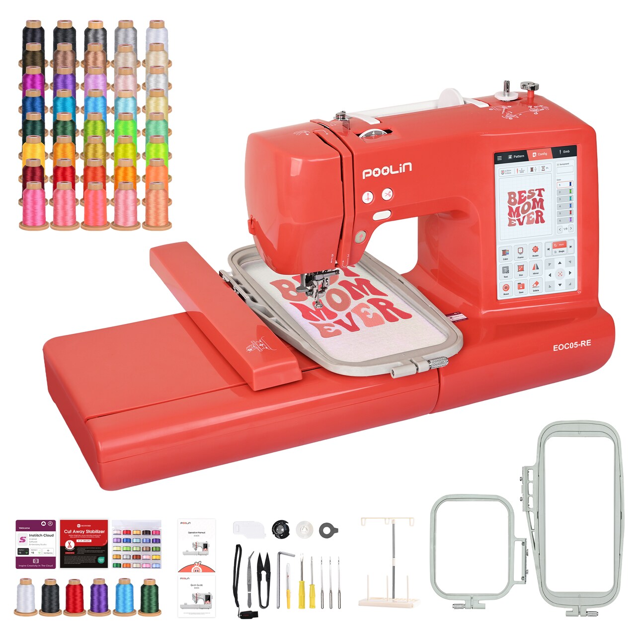 Creative Freedom Bundle – Official Poolin EOC05-RE Computerized Embroidery Machine + Richword Selected 40-Color Polyester Embroidery Thread Set, 9.2"x4" Large Area, 7" Touch Screen, WiFi, Software Available